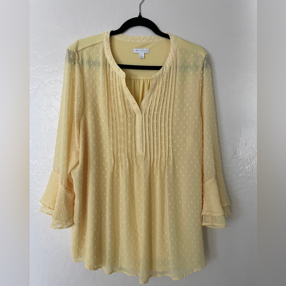 Charter Club Pale Yellow Swiss Dot Pintuck Ruffle Sleeve Blouse